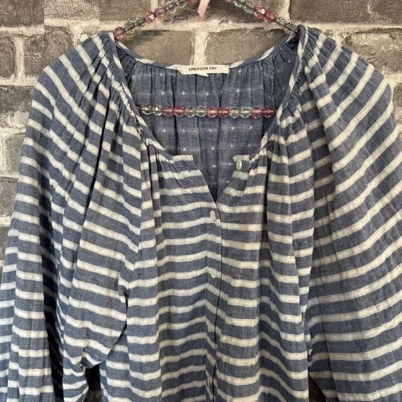 Emerson Fry FRANCES BLOUSE BLUE IVORY SAILOR STRIPE shirt top button front - Picture 3 of 11